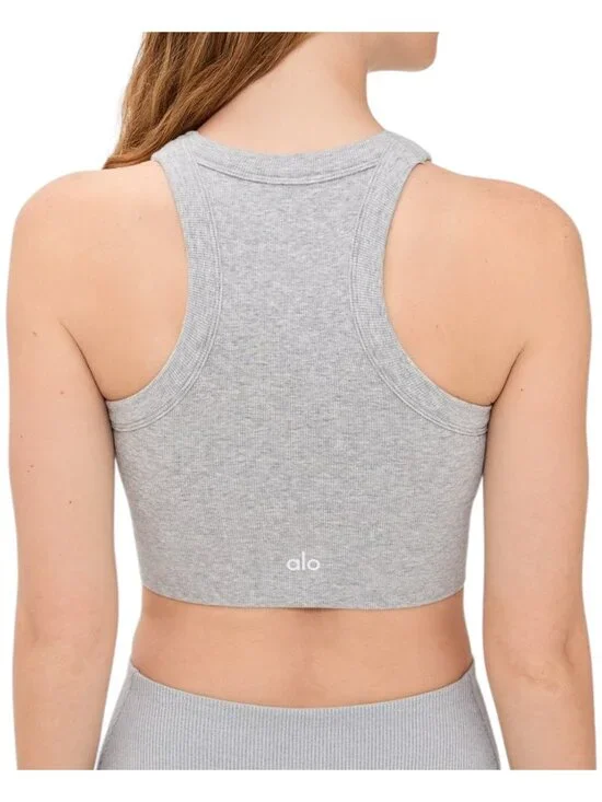 Alo Yoga High Neck Crop Tank Ribbed Seamless Gray S - Picture 4 of 9